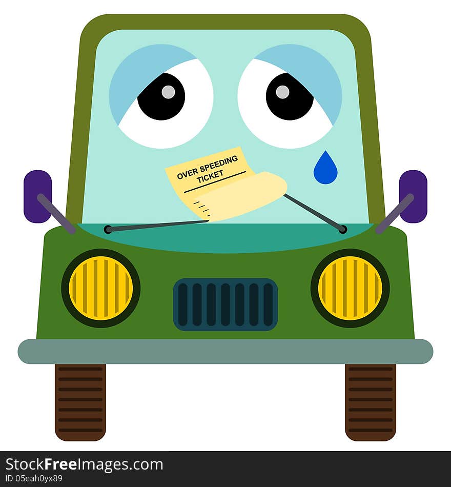 A funny illustration of a sad car with an over speeding ticket in front of it. A funny illustration of a sad car with an over speeding ticket in front of it