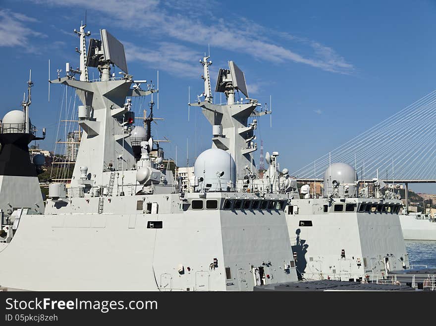 The military ships lie alongside after a long campaign. The military ships lie alongside after a long campaign