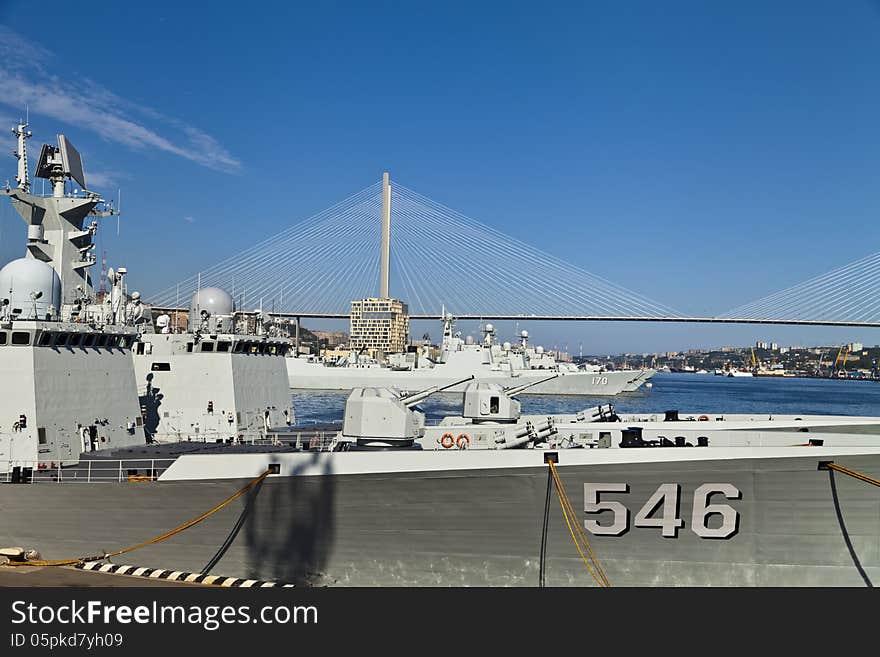 The military ships lie alongside after a long campaign. The military ships lie alongside after a long campaign