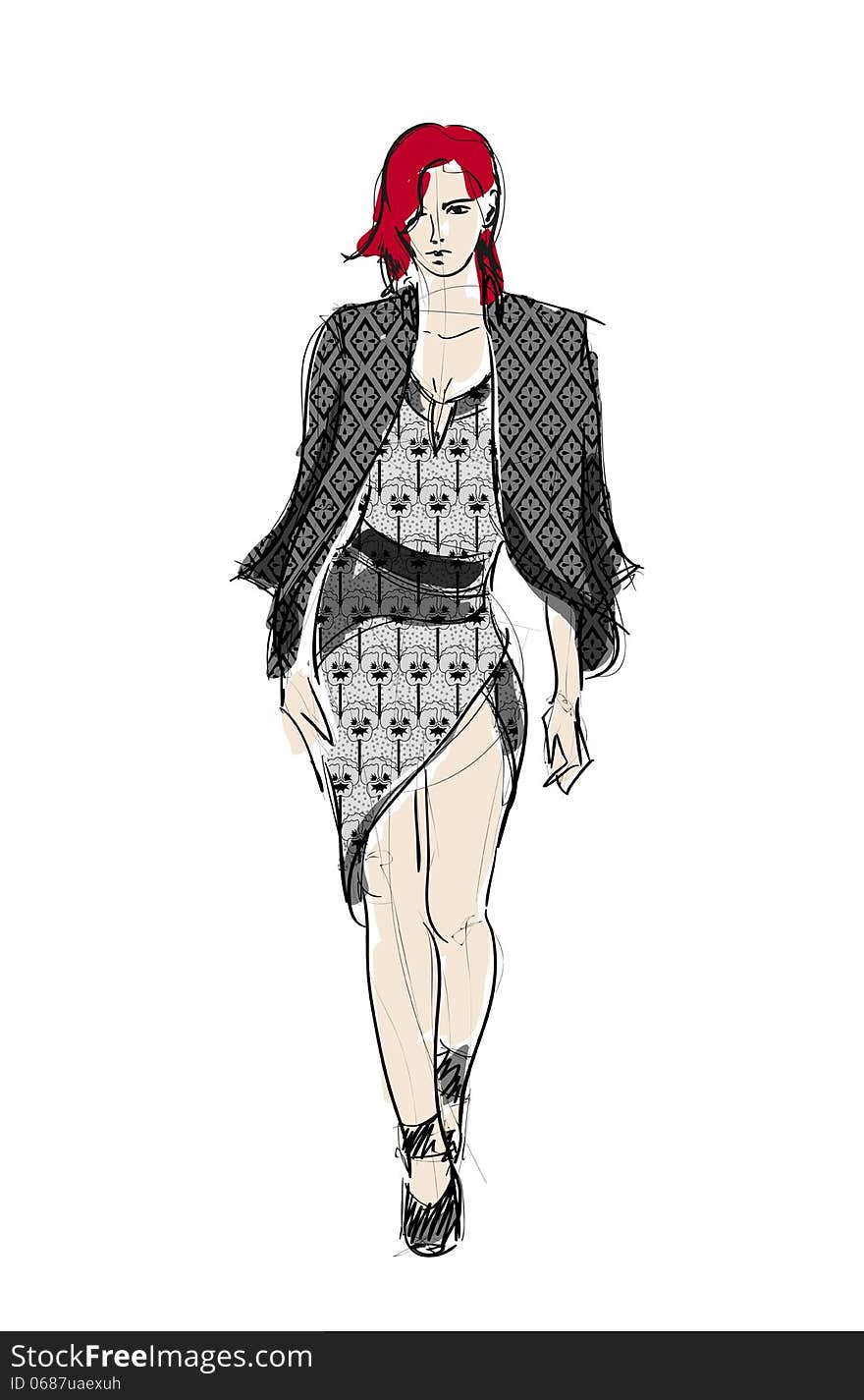 Sketch. fashion girl. Hand-drawn fashion model. Sketch. fashion girl. Hand-drawn fashion model