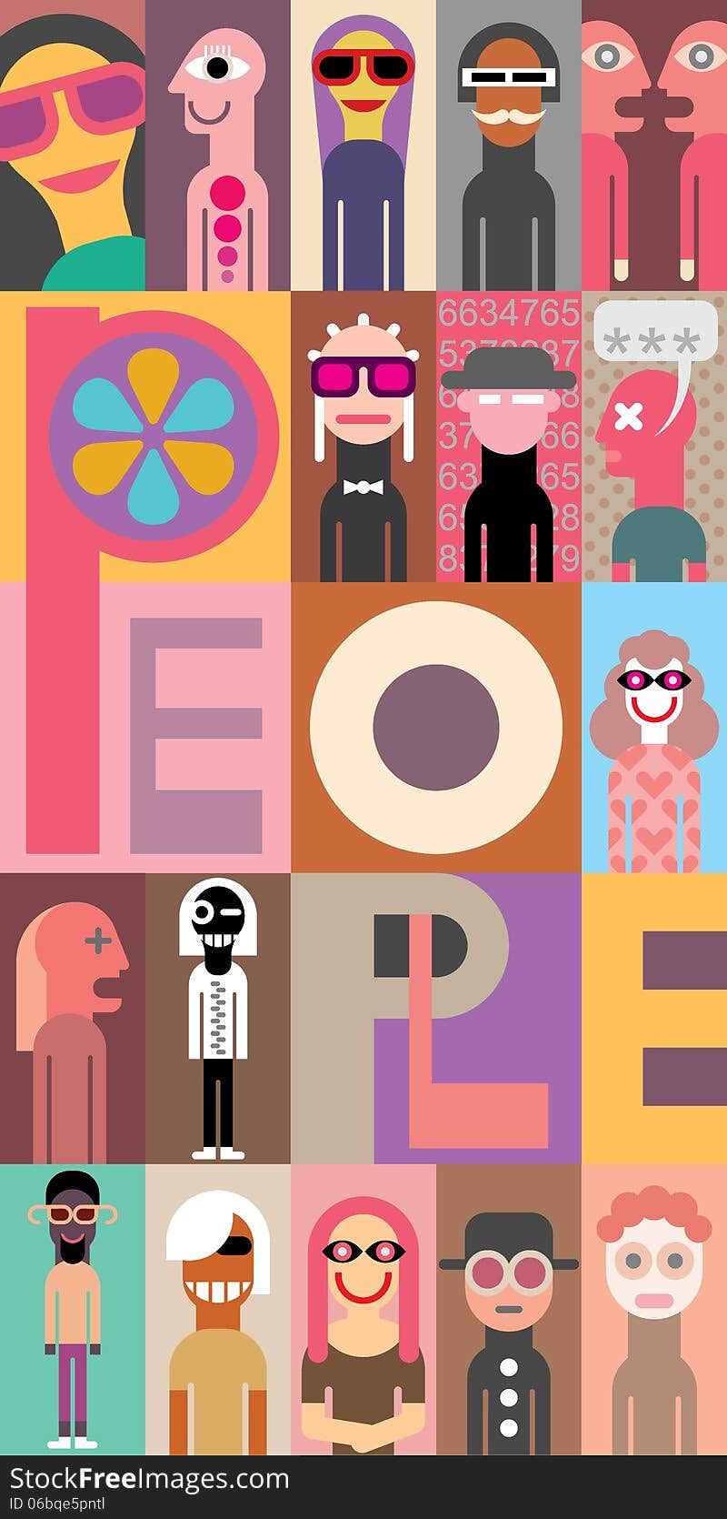 People. Art composition of different people. Graphic design with text People. Vector illustration.