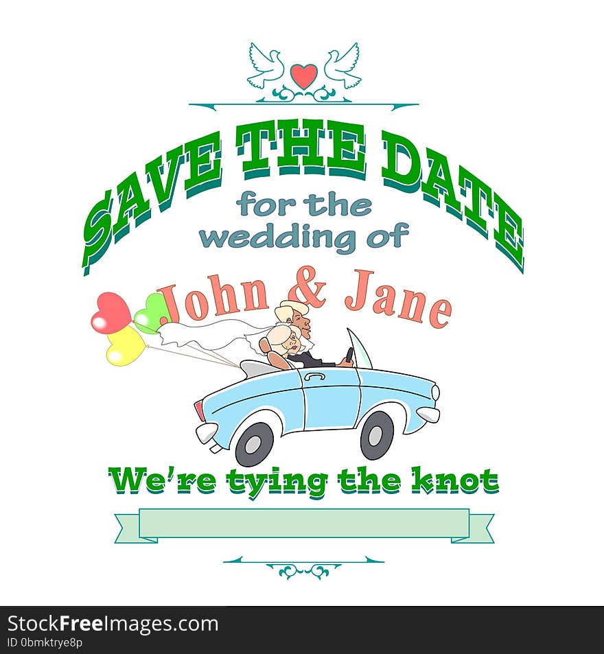 The groom and the bride in a cabriolet, invitation or wedding card, vector illustration. The groom and the bride in a cabriolet, invitation or wedding card, vector illustration