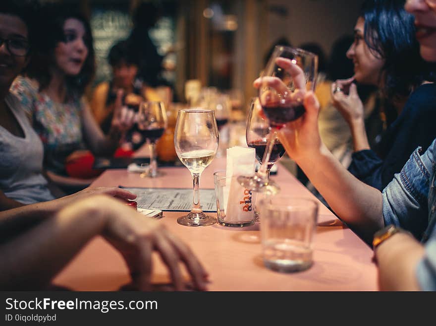 People Drinking Liquor and Talking on Dining Table Close-up Photo