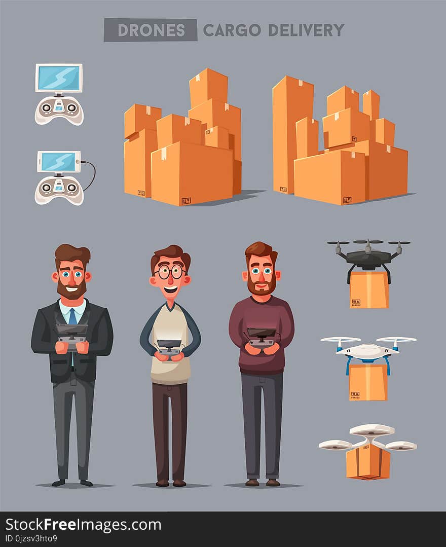 Set of drones and people. Delivery copters. Cartoon vector illustration. Remote control. Funny characters. Set of drones and people. Delivery copters. Cartoon vector illustration. Remote control. Funny characters