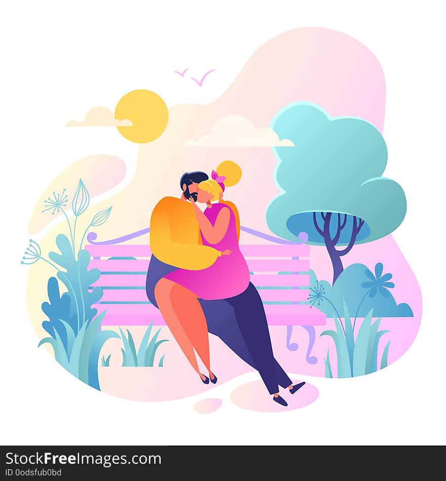 Romantic vector illustration on love story theme. Happy flat people character sitting on the bench, embrace and kiss. Happy lover man and woman flirt.