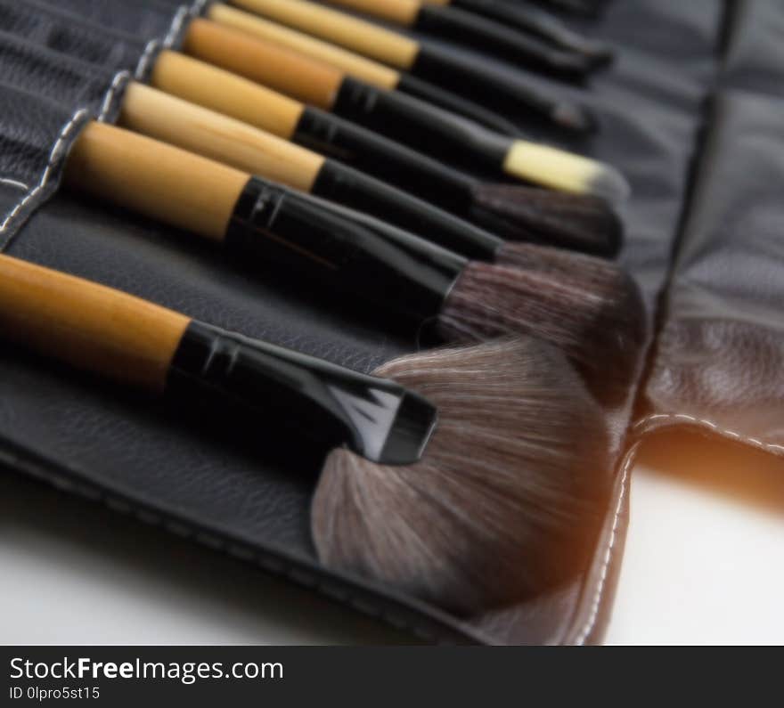 The blurry light design background of  cosmetic brush set put in black leather case,for make up,professional brush set,the variation brushes for eyeshadow,lipstic,brush cheek,mascara,powder.beauty concept