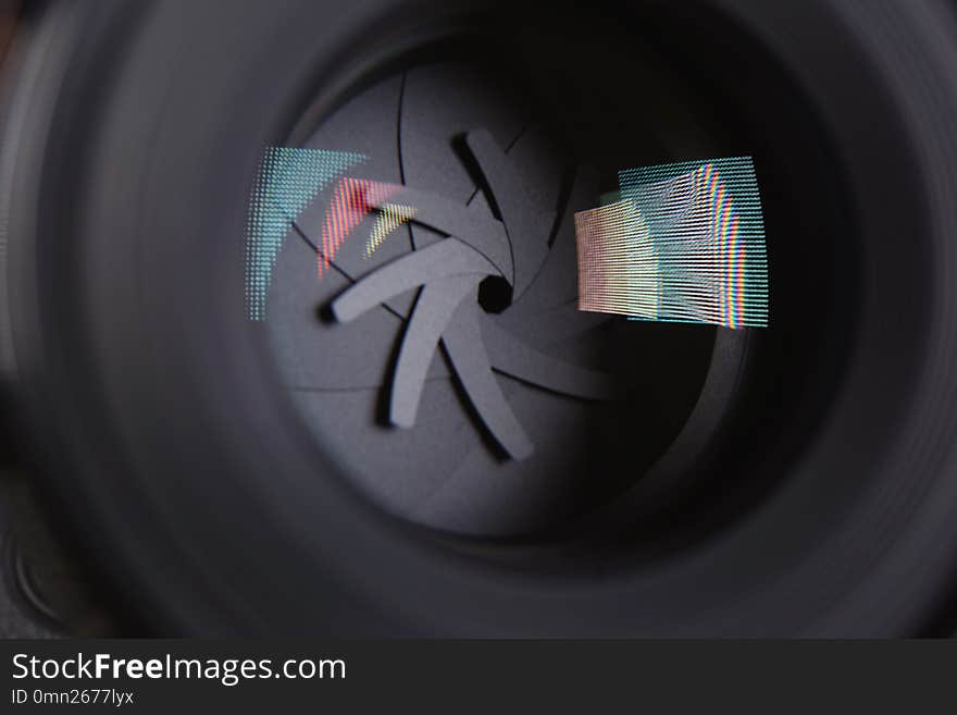 Camera lens of professional photographer, closeup view