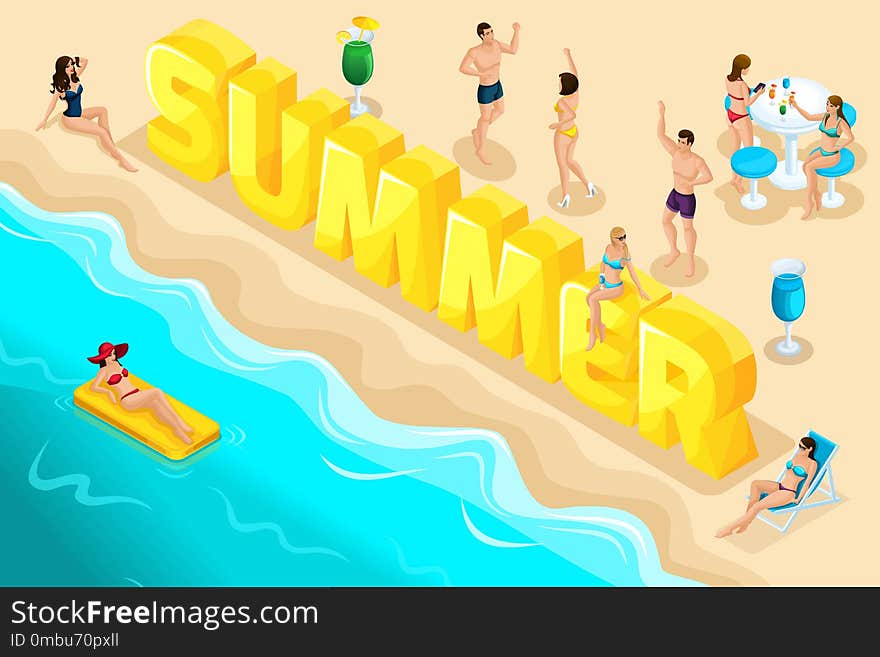 Isometric letters summer, font, people, characters, relax at the resort, vacation, a trip to the sea, sea surf, beach, sunburn, girls in swimsuits. Bright summer concept.