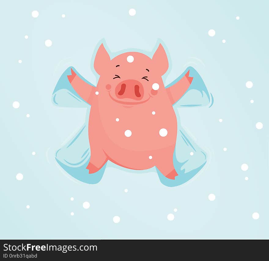 Funny pig in the snow makes snow angel. Vector illustration. can be used as a greeting card, poster and so on