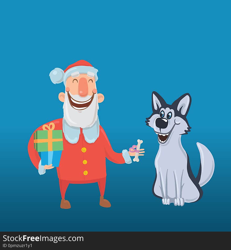 Happy laughing Santa Claus with dog. New year and Christmas cards for year of the dog according to the Eastern calendar. Vector Characters Illustration.