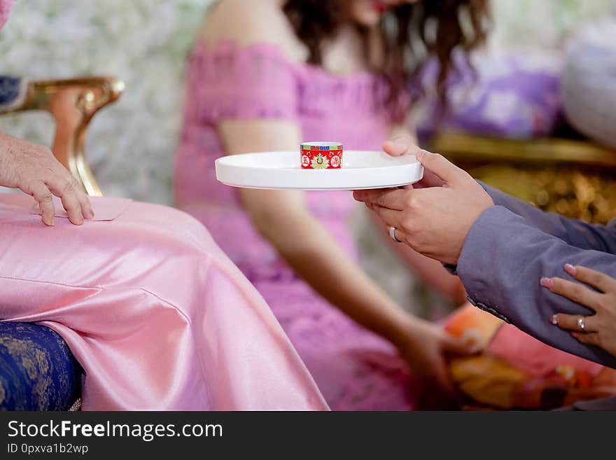 Tea set used in a Chinese wedding tea ceremony. Chinese wedding tea ceremony serving to elders. Chinese Tea ceremony is performed during a  wedding or Chinese New Year.