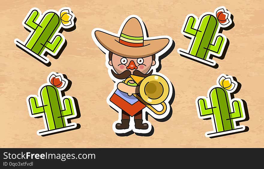 Mexican Musician Vector Illustration With Men Native Clothes And Sombrero Flat Vector