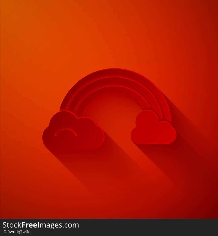 Paper cut Rainbow with clouds icon isolated on red background. Paper art style. Vector Illustration.