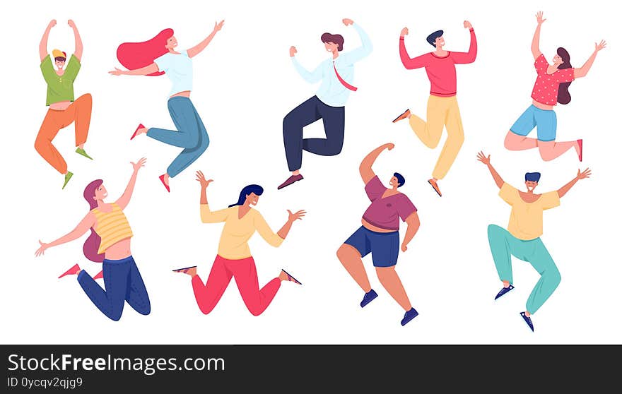 Happy positive people jumping with raised hands. Group of young men and women rejoicing together. Friendship, success, celebrating victory concept. Vector flat style illustration