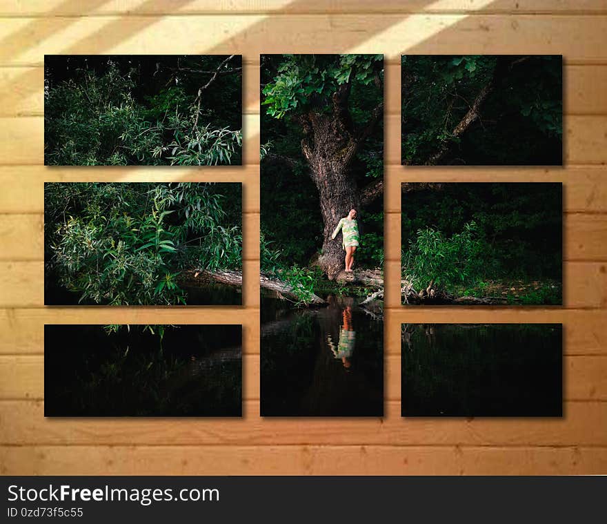 Girl by the water under an old oak tree. picture panels. Girl by the water under an old oak tree. picture panels