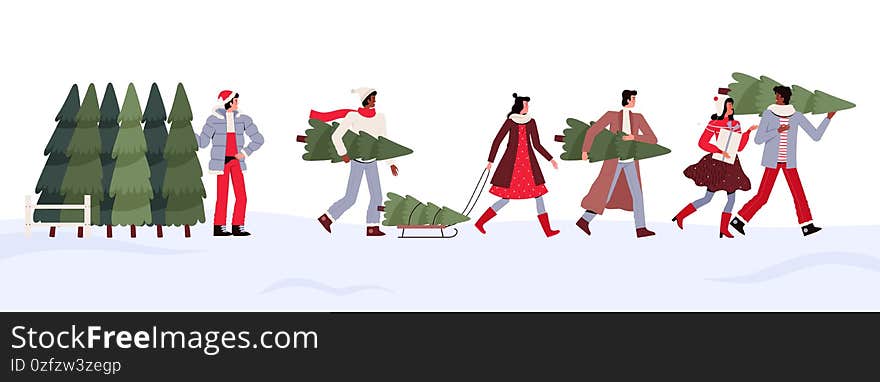 Young people carry shopping for Christmas and New Year in their hands. Women and men in winter clothes with Christmas trees and gifts in their hands go home. Cartoon flat vector illustration.