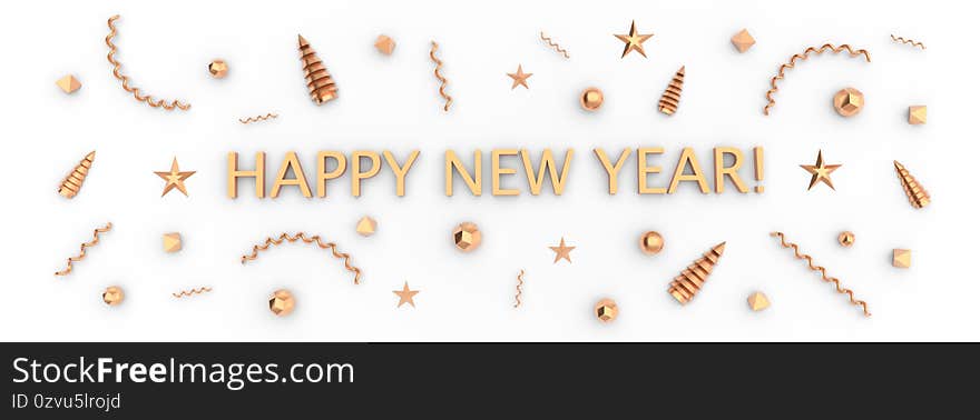 Illustration with Happy New Year greetings and new year figures. 3D Render