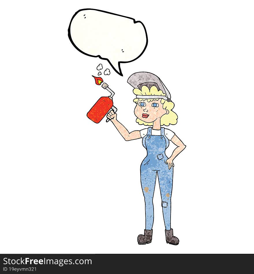 freehand speech bubble textured cartoon woman welding