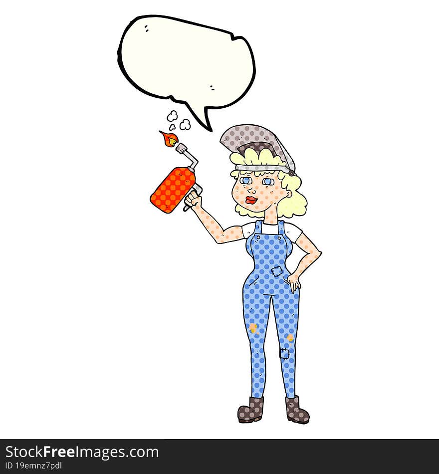 freehand drawn comic book speech bubble cartoon woman welding