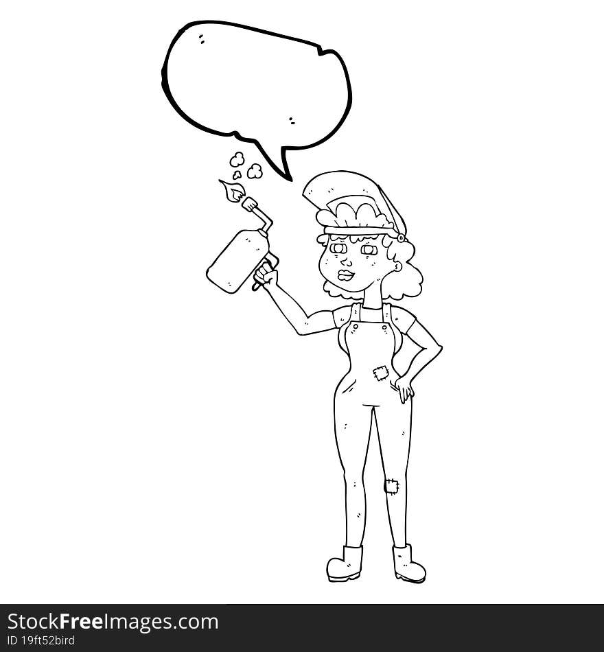 freehand drawn speech bubble cartoon woman welding