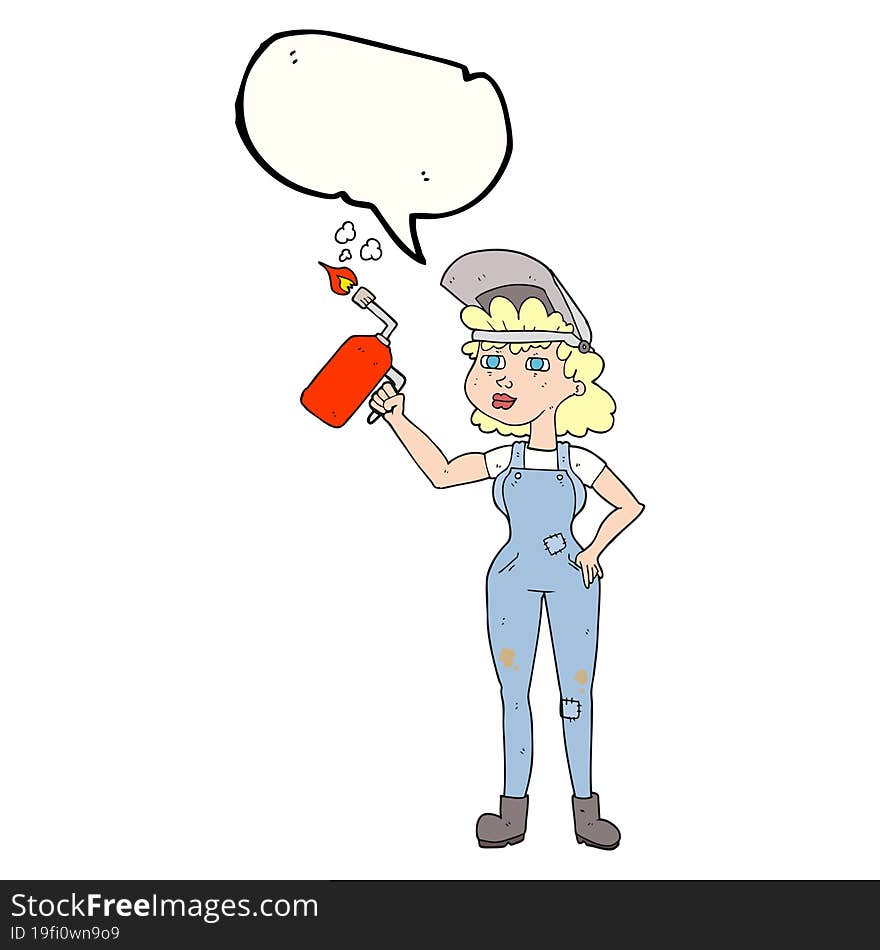 freehand drawn speech bubble cartoon woman welding