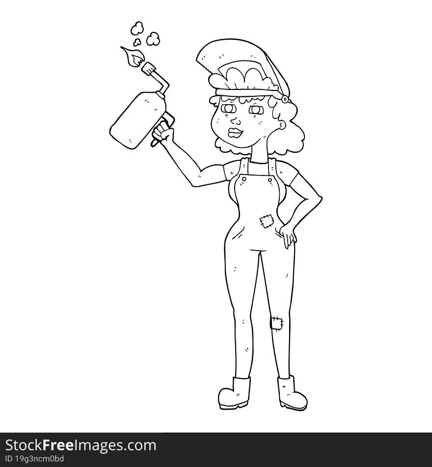 freehand drawn black and white cartoon woman welding