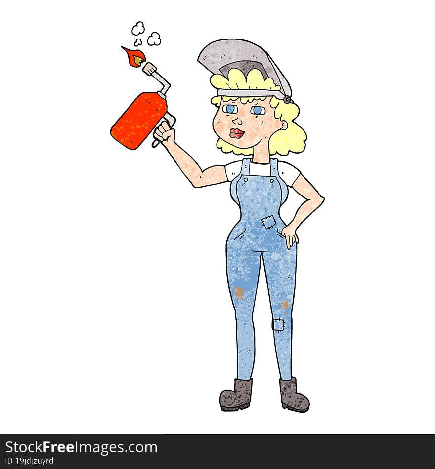 freehand textured cartoon woman welding