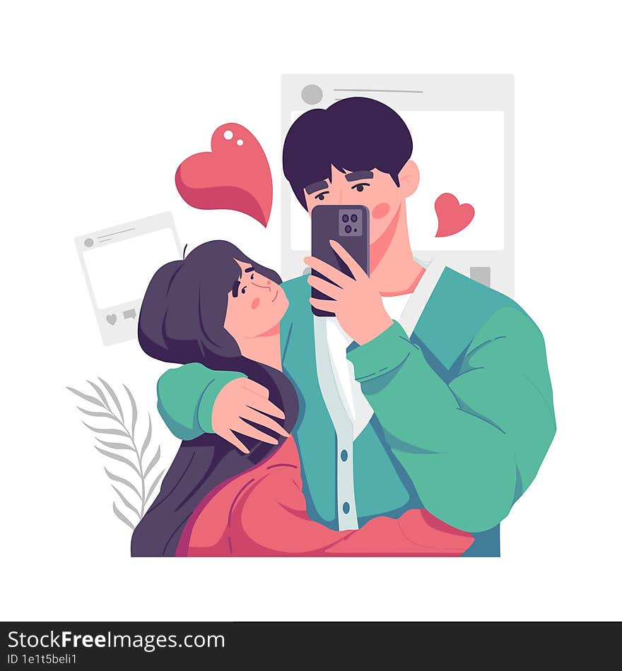 A romantic boyfriend is taking selfie with his darling girlfriend with great passion. Happy young couple portrait. Valentine and H