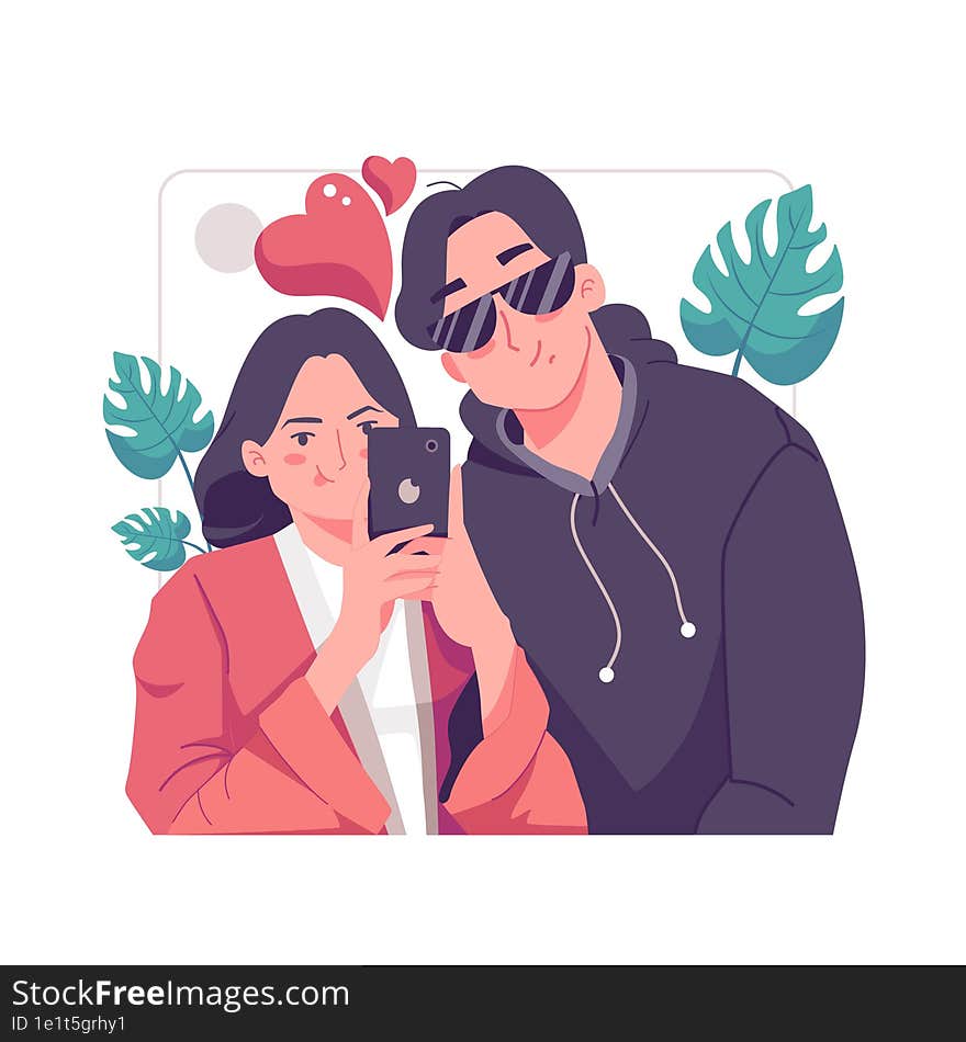 A romantic girlfriend is taking selfie with her darling boyfriend with great passion. Happy young couple portrait. Valentine and H