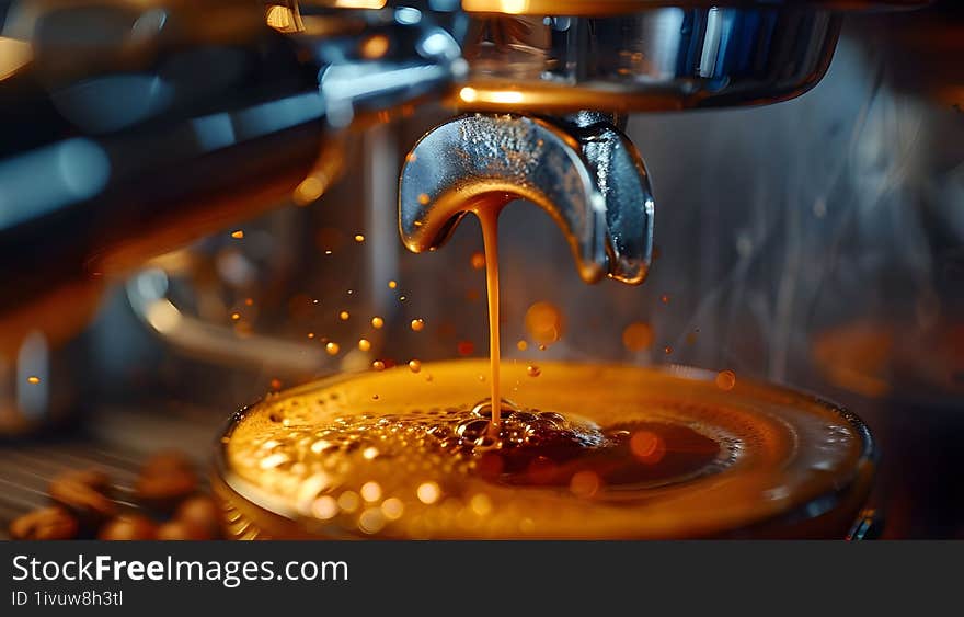 A close-up view of a rich espresso shot being extracted from a professional coffee machine, with visible steam and coffee droplets