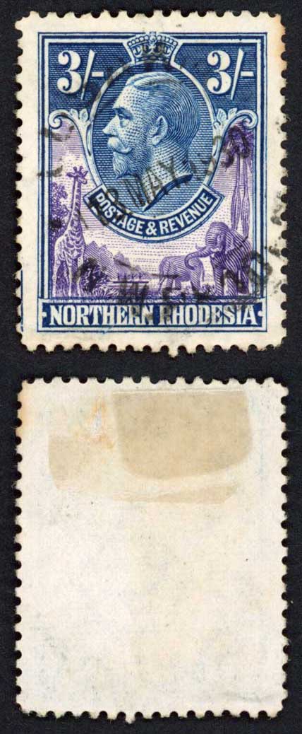 Northern Rhodesia SG13 3/- Violet and Blue Wmk Mult Script CA Used ...