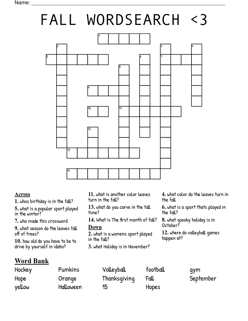 FALL WORDSEARCH <3 Crossword