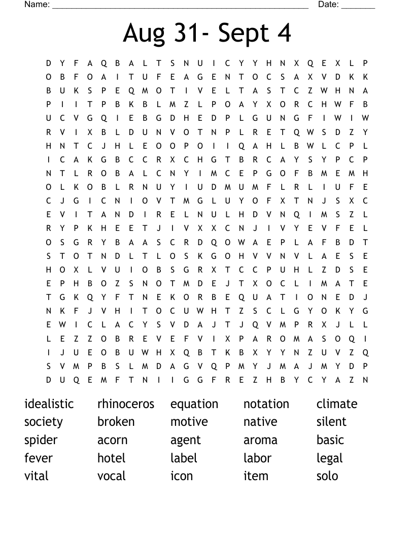 Aug 31- Sept 4 Word Search