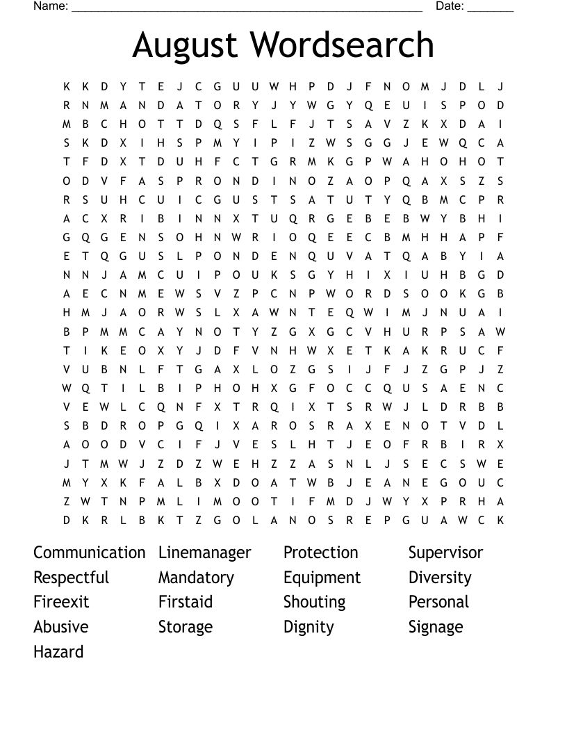 August Word Search Printable