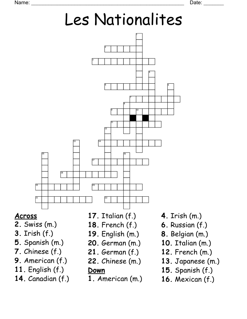 Les Nationalites Crossword