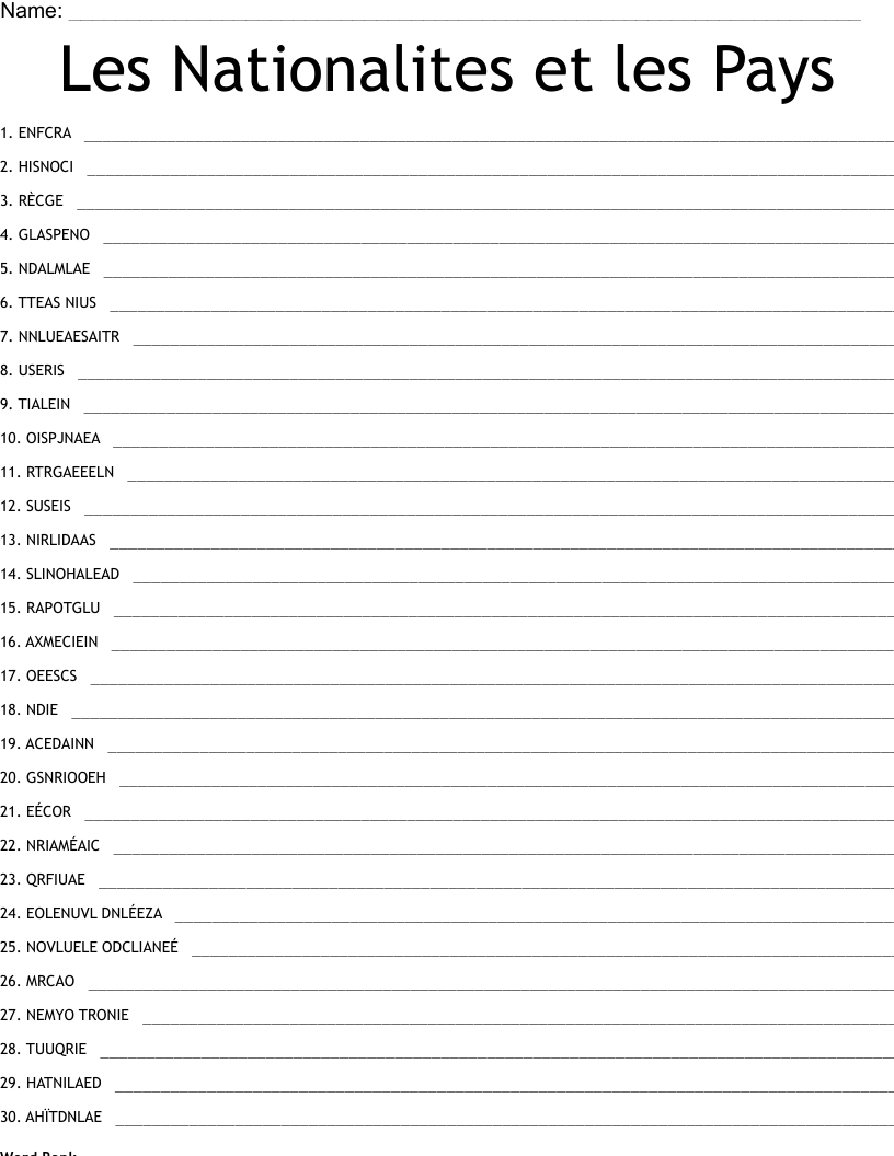 Les Nationalites et les Pays  Word Scramble