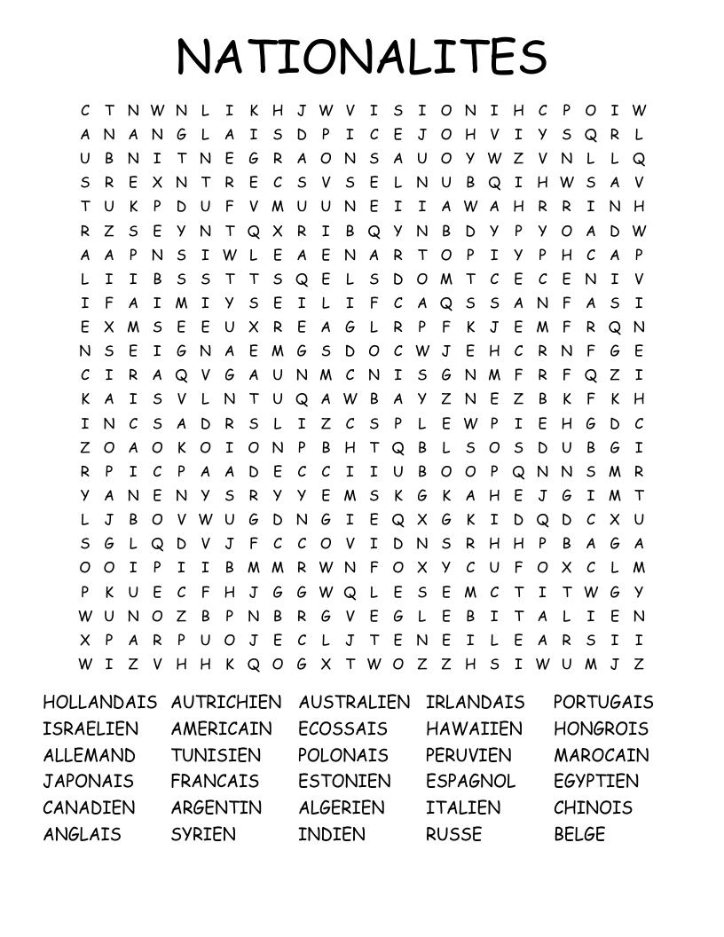 NATIONALITES Word Search