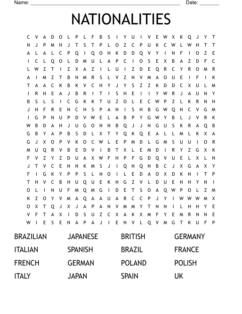 NATIONALITIES Word Search