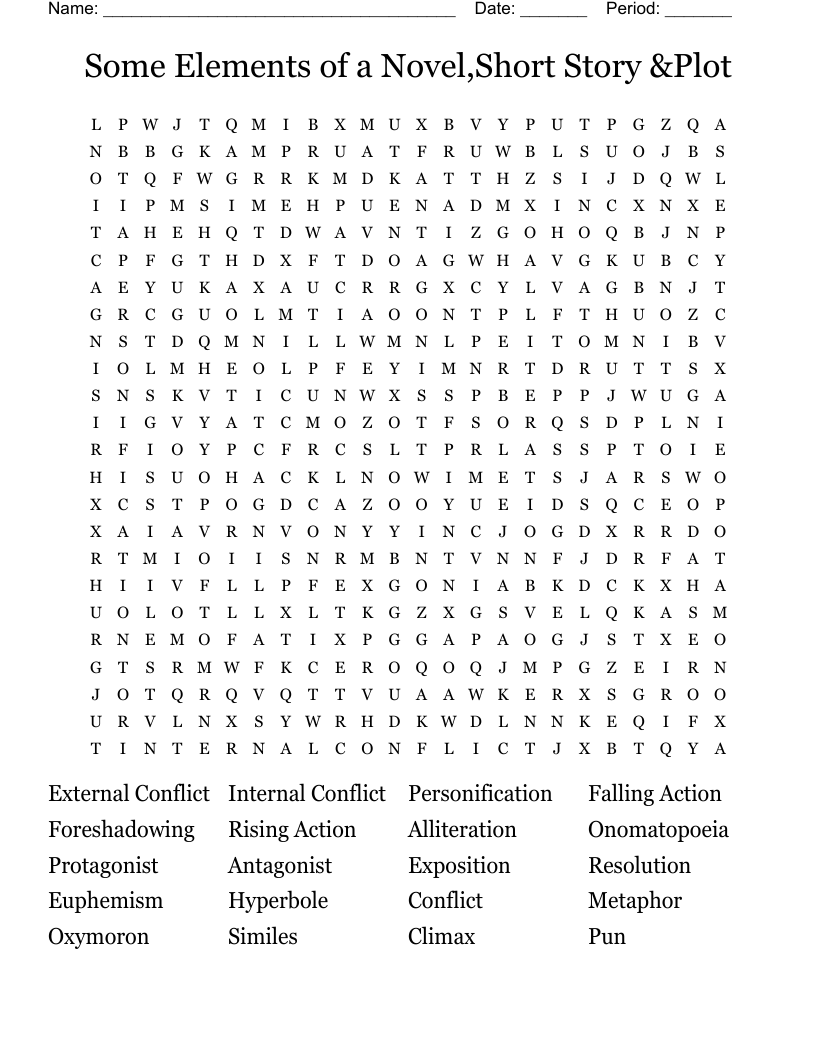 Some Elements of a Novel,Short Story &Plot Word Search