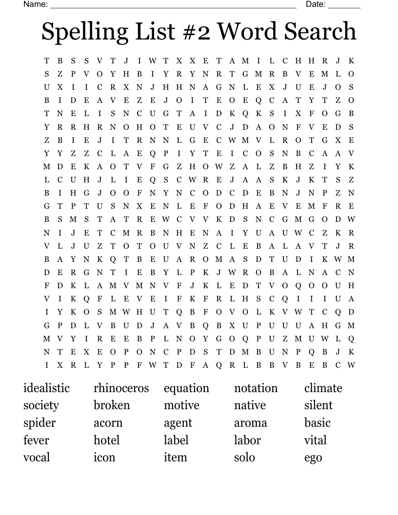 Spelling List #2 Word Search