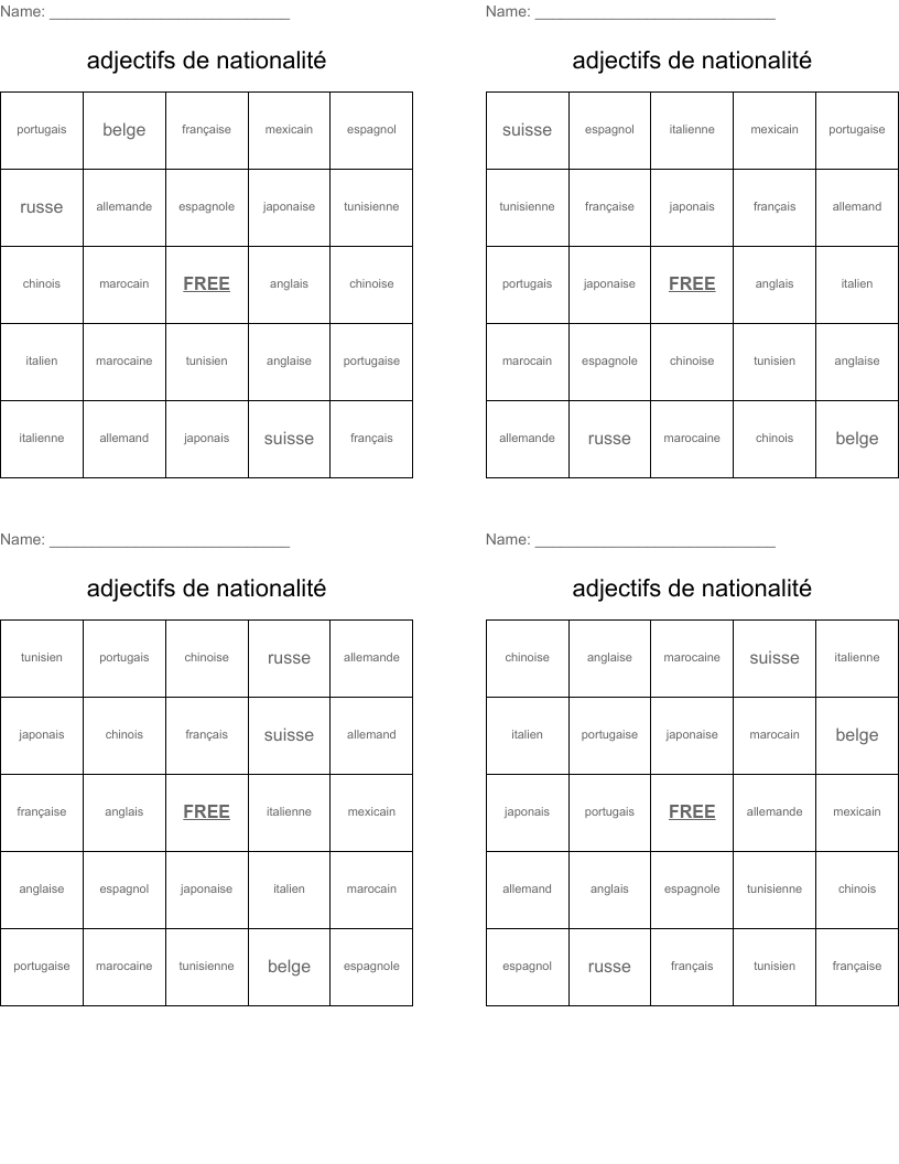 adjectifs de nationalité Bingo Cards