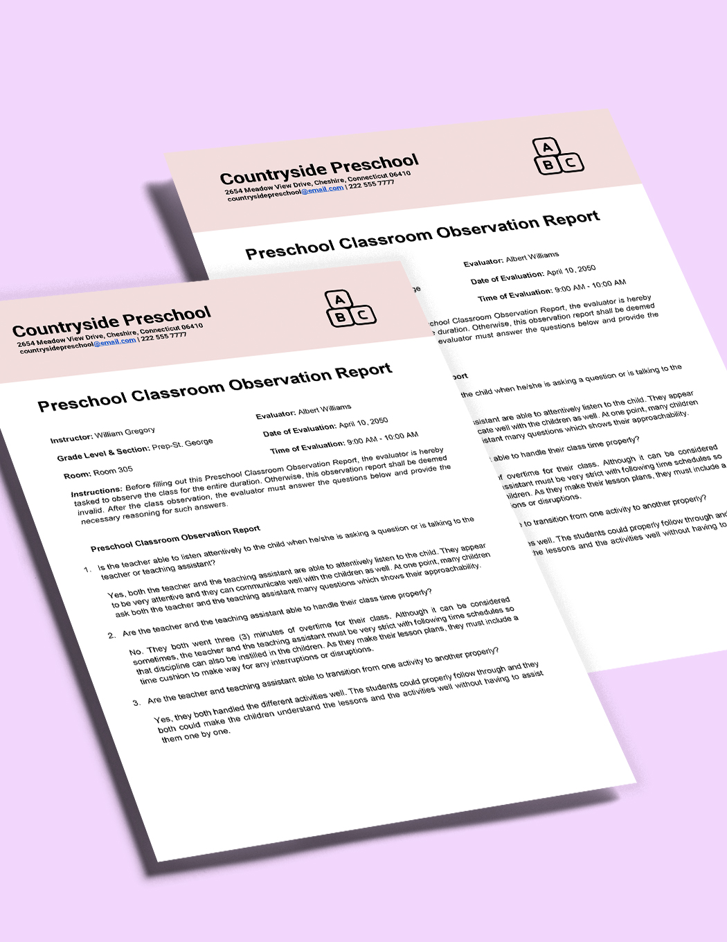 Preschool Classroom Observation Report Template