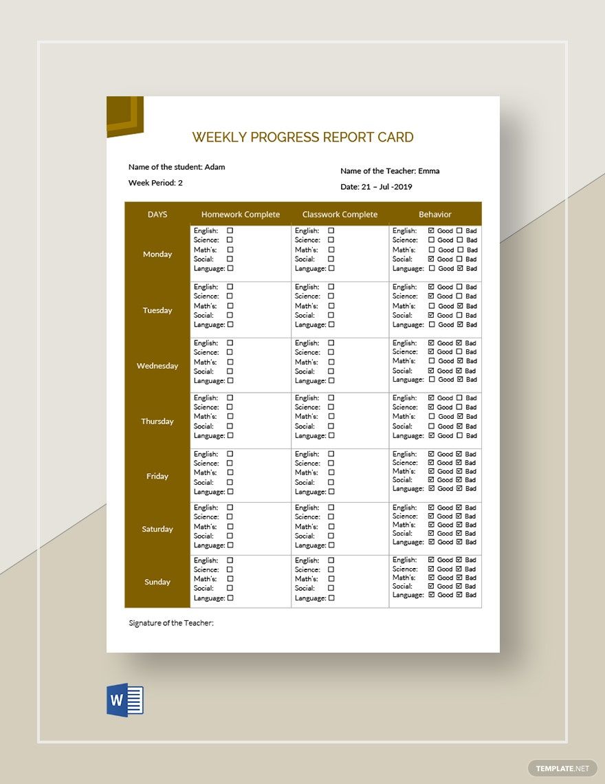 Simple Weekly Progress Report Card Template