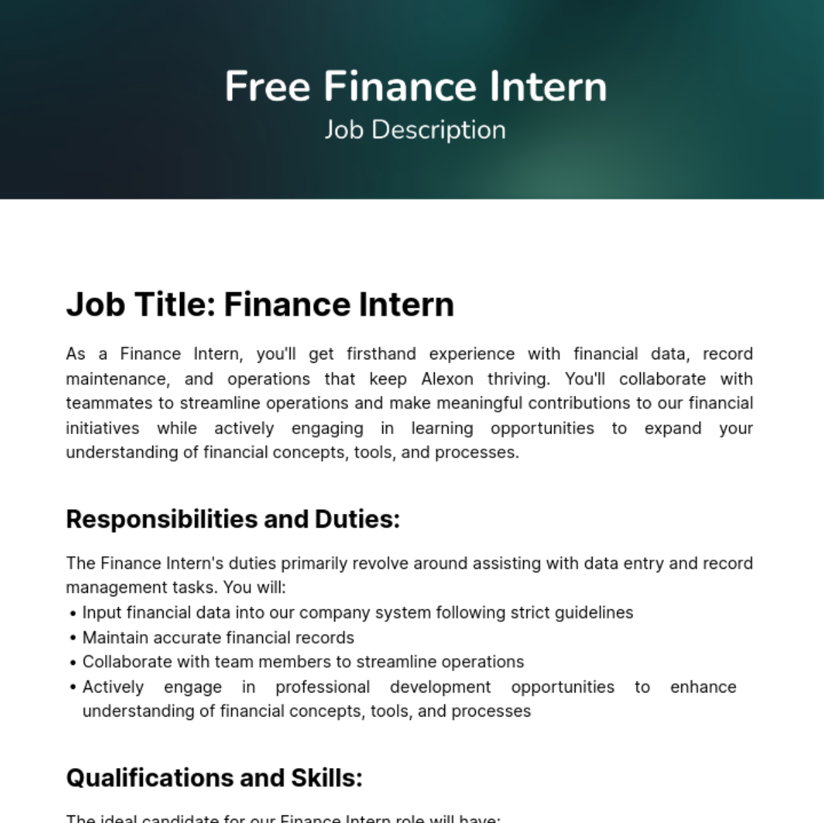 Finance Intern Job Description Template - Edit Online & Download