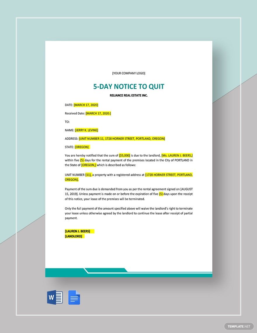 Five (5) Day Notice to Quit Template