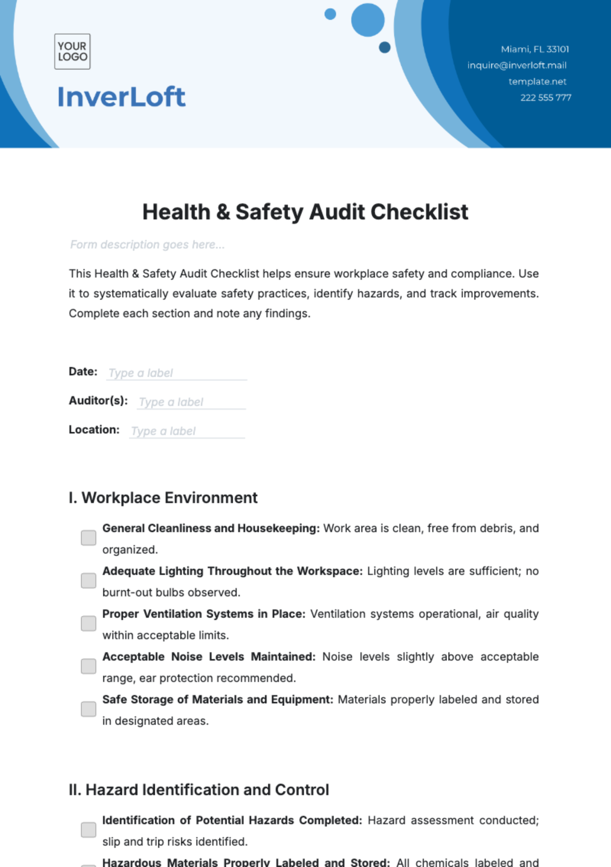 Health & Safety Audit Checklist Template - Edit Online & Download