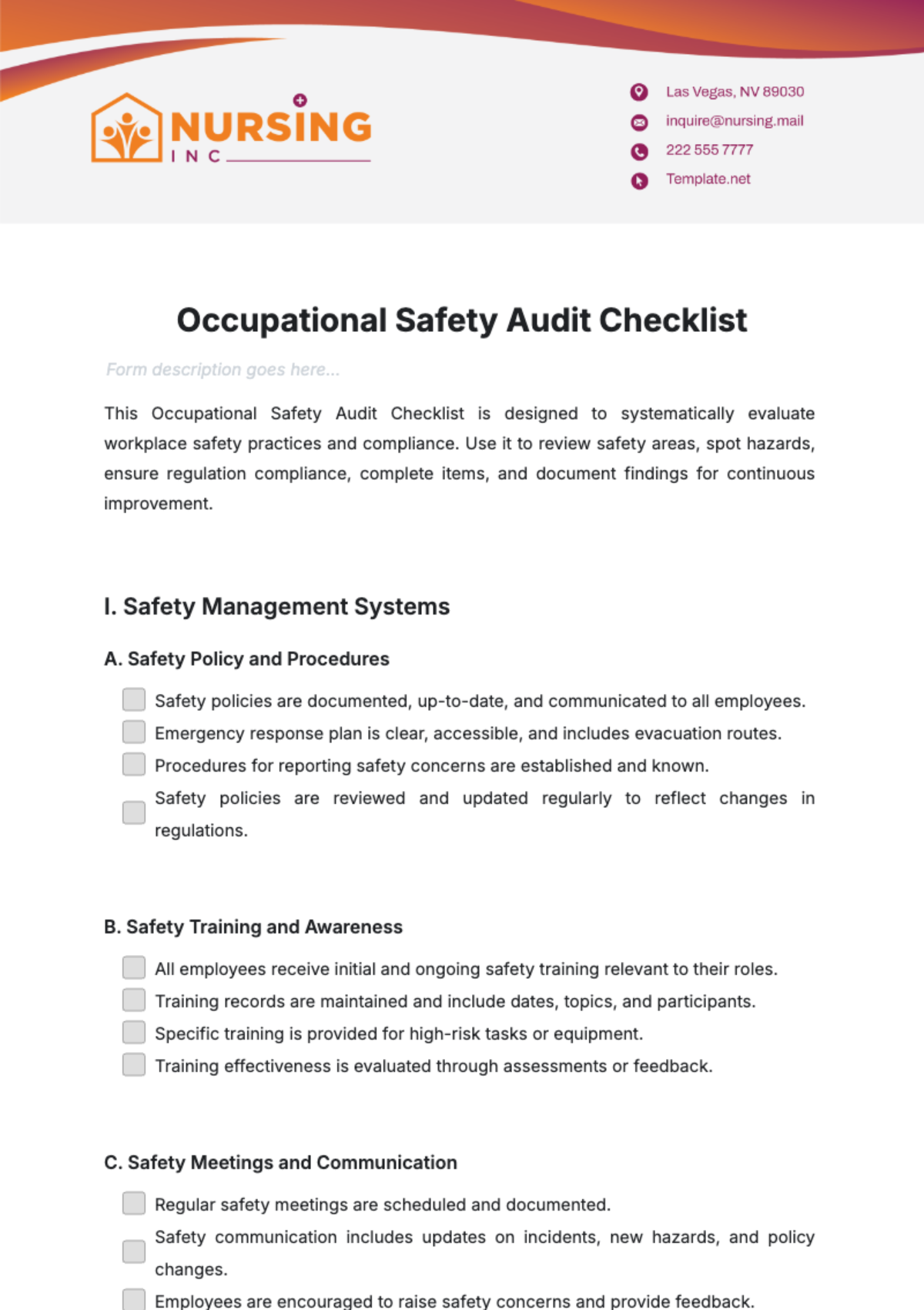 Occupational Safety Audit Checklist Template - Edit Online & Download