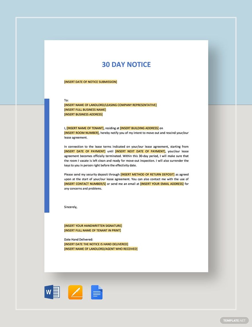 Sample 30 Day Notice Template