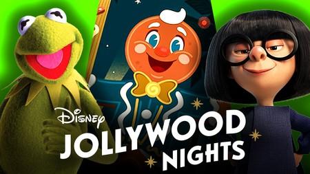 Kermit the Frog, Ollie the Gingerbread Man, Disney Jollywood Nights logo, Edna Mode