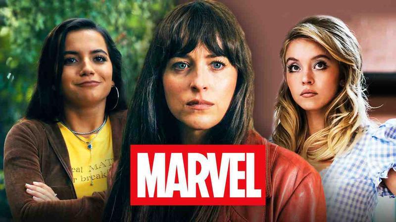 Isabela Merced, Dakota Johnson, Sydney Sweeney as Madame Web, Marvel logo